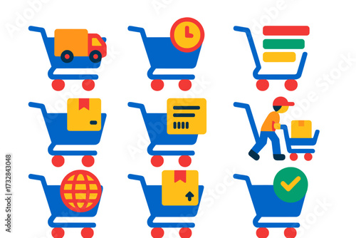 Bright Shipping Icons. Flat vector icons of cart and shipping: cart with delivery truck, cart with estimated time, shipping option