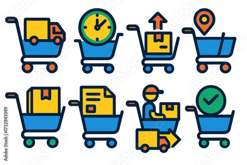 Bright Shipping Icons. Flat vector icons of cart and shipping: cart with delivery truck, cart with estimated time, shipping option