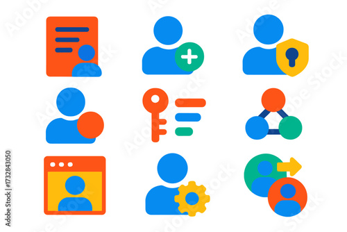 Vibrant Account Management Icons. Flat vector icons of account management tools: user list, invite new member, role assignment,