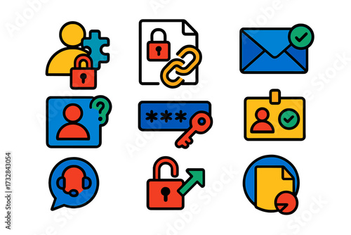 Account Recovery Icons. Flat vector icons of account recovery tools: forgot password, reset link, recovery email, security