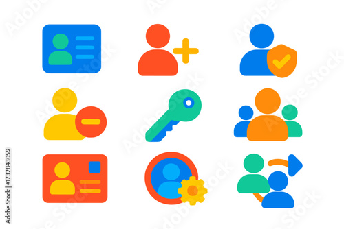 Vibrant Account Management Icons. Flat vector icons of account management tools: user list, invite new member, role assignment,