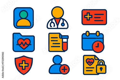 Healthcare Icon Set. Flat vector icons of healthcare accounts: patient profile, doctor account, medical ID, health history, lab