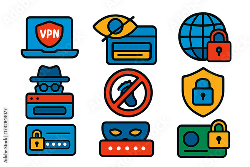 Privacy Icon Set. Flat vector icons of login privacy options: login with VPN, hide login history, secure browser icon, incognito