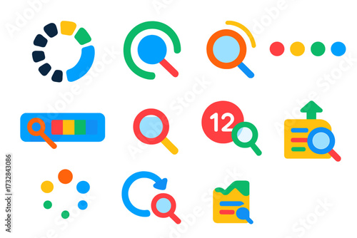Search Icons Set. Flat vector icons of search progress indicators: loading circle, search in progress icon, spinning magnifier,