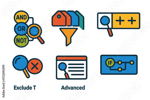 Advanced Search Icons. Flat vector icons of advanced search tools: boolean search icon, filter tags, search operators icon,
