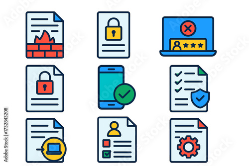 Vibrant Security Icons. Flat vector icons of security and IT policies: firewall rules sheet, access policy document, login