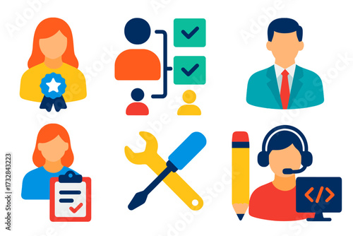 Team Role Icons. Flat vector icons of team roles and responsibilities: team leader badge, task delegation icon, team hierarchy