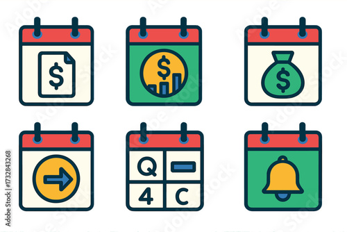 Financial Calendar Icons. Flat vector icons of financial and billing calendars: invoice due date icon, budget planning calendar,