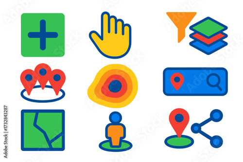Interactive Map Icons. Flat vector icons of interactive map features: zoom in and out buttons, draggable hand icon, filter map