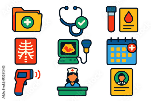 Modern Medical Icons. Flat vector icons of medical checkups: health record folder, stethoscope check, blood test kit, X-ray