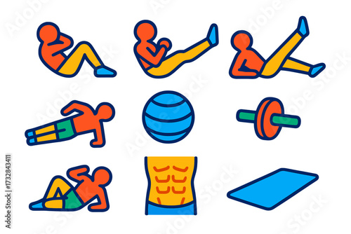 Core Workout Icons. Flat vector icons of core workouts: crunch position, Russian twist, leg raise, side plank, stability ball, abs