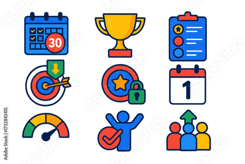 Fitness Challenge Icons. Flat vector icons of fitness challenges: 30-day plan, challenge trophy, leaderboard icon, goal countdown,