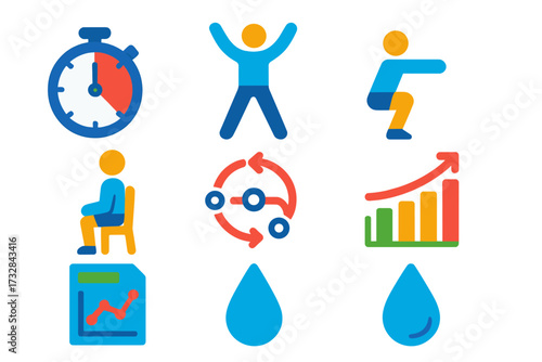 HIIT Training Icons. Flat vector icons of HIIT training: timer interval, jumping jack, squat jump, rest period, high knees,