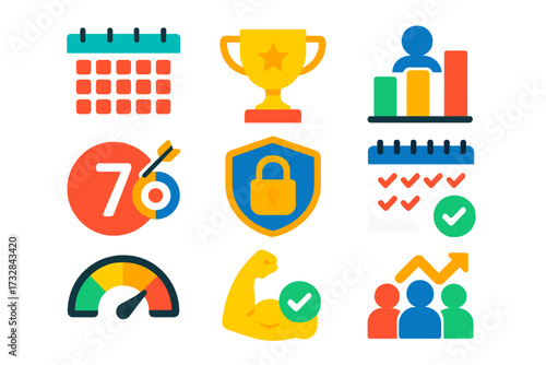 Fitness Challenge Icons. Flat vector icons of fitness challenges: 30-day plan, challenge trophy, leaderboard icon, goal countdown,