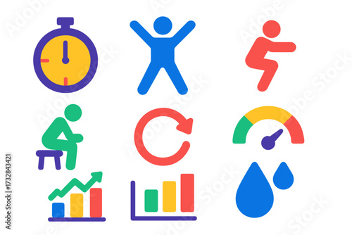 HIIT Training Icons. Flat vector icons of HIIT training: timer interval, jumping jack, squat jump, rest period, high knees,