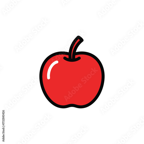 A simple bold graphic illustration of a red apple with a stem isolated on white background