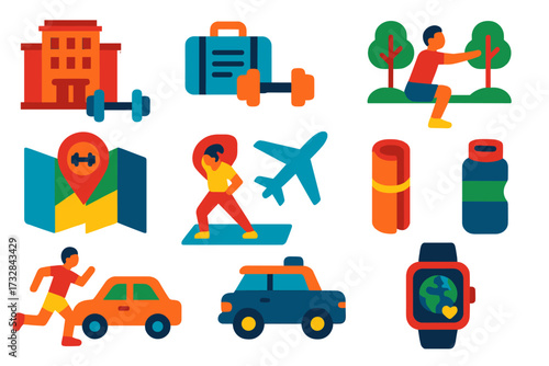 Bold Fitness Travel Icons. Flat vector icons of fitness and travel: hotel gym, suitcase dumbbells, workout in park, fitness guide