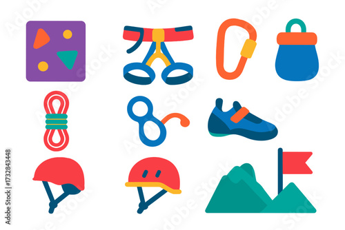 Climbing Gear Icons. Flat vector icons of climbing sports: rock wall, harness belt, carabiner, chalk bag, climbing rope, belay