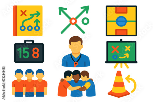 Sports Strategy Icons. Flat vector icons of sports strategy: playbook diagram, tactical arrows, zone marking, substitution board,
