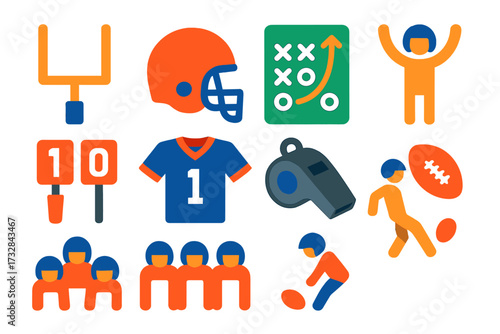 Football Icon Set. Flat vector icons of football concepts: goal post, football helmet, playbook diagram, touchdown icon, yard
