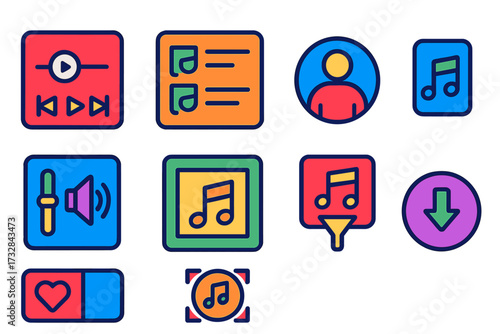 Modern Music Icons. Flat vector icons of music apps: music player UI, playlist management, artist profile icon, mobile sound
