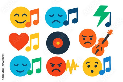 Music Emotion Icons. Flat vector icons of music and emotions: happy beat, sad tune, energizing track, romantic melody, nostalgic