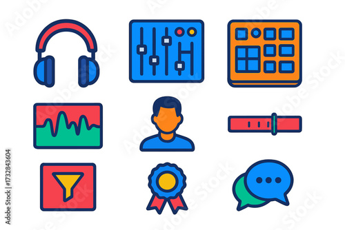 Music Production Icons. Flat vector icons of music production courses: studio headphones, mixing desk, MIDI controller, waveform
