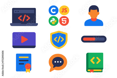 Programming Course Icons. Flat vector icons of online programming courses: laptop with code editor, programming language logos,