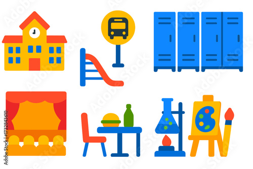 School Icon Set. Flat vector icons of school infrastructure: school building, playground slide, bus stop sign, lockers, assembly
