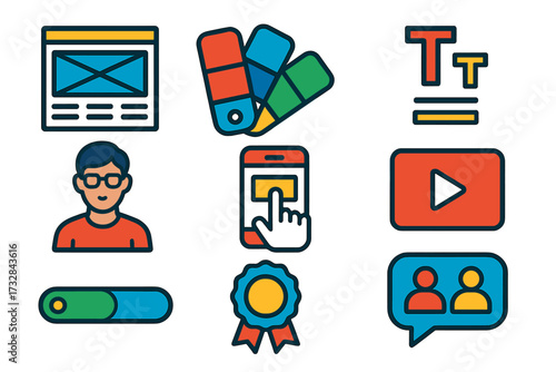 Modern Design Icons. Flat vector icons of UX/UI design courses: wireframe layout, color swatches, typography samples, instructor