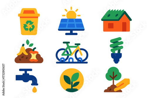 Eco School Icons. Flat vector icons of school recycling and sustainability: recycling bin, solar panel, green roof, compost pile,
