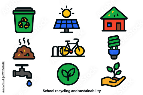 Eco School Icons. Flat vector icons of school recycling and sustainability: recycling bin, solar panel, green roof, compost pile,