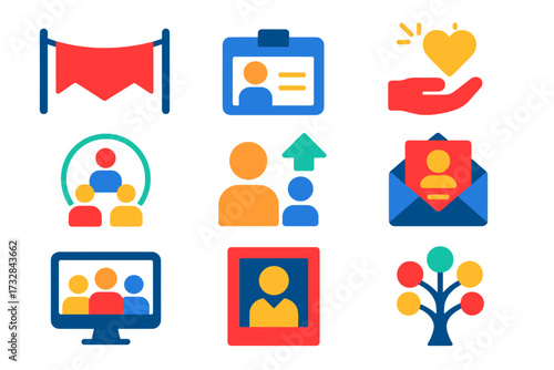 Alumni Relations Icons. Flat vector icons of alumni relations: reunion banner, alumni card, donation pledge, networking event,