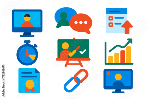 Bold Learning Icons. Flat vector icons of online learning: video lecture, discussion forum, assignment upload, quiz timer, virtual