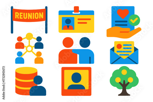 Alumni Relations Icons. Flat vector icons of alumni relations: reunion banner, alumni card, donation pledge, networking event,