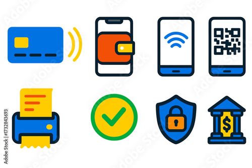 Mobile Payment Icons. Flat vector icons of mobile payment technology: contactless card, mobile wallet, NFC tap, QR code scan,