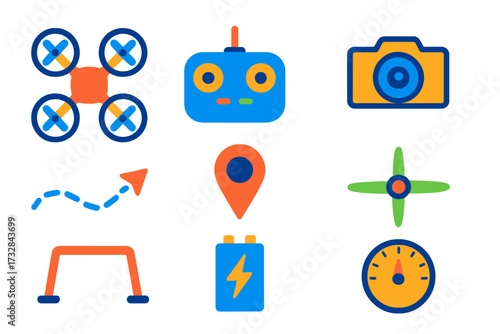 Modern Drone Icons. Flat vector icons of drone technology: quadcopter, drone controller, aerial camera, flight path, GPS pin,