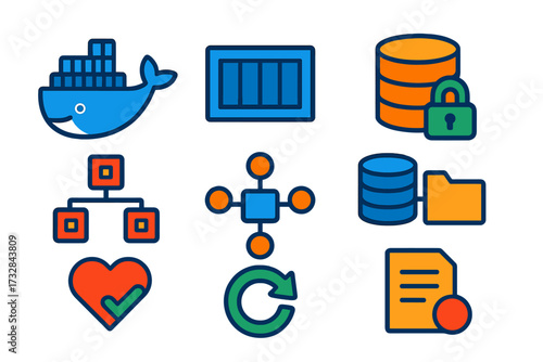 Modern Container Icons. Flat vector icons of container software: Docker whale, container image, registry icon, orchestration nodes