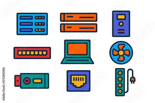 Modern Server Hardware Icons. Flat vector icons of server hardware: rack server, blade server, UPS unit, network switch, KVM