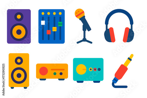 Modern Audio Icons. Flat vector icons of audio hardware: studio monitor, mixer console, microphone stand, headphone headset,
