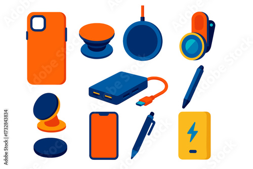 Mobile Accessory Icons. Flat vector icons of mobile accessories gadgets: phone case, wireless charger, pop-socket, camera lens