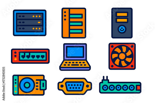 Modern Server Hardware Icons. Flat vector icons of server hardware: rack server, blade server, UPS unit, network switch, KVM
