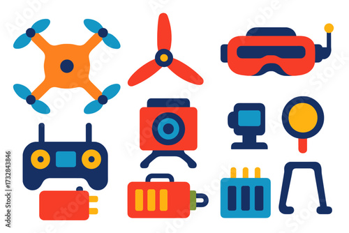 Drone Hardware Icons. Flat vector icons of drone hardware: quadcopter, propeller rotor, drone controller, FPV goggles, FPV camera,