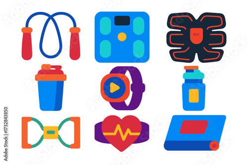 Modern Fitness Gadgets. Flat vector icons of fitness gadgets: wireless jump rope, smart scale, muscle stimulator, protein shaker,