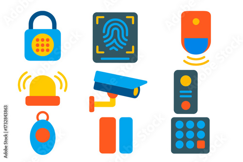 Modern Security Icons. Flat vector icons of security gadgets: smart lock, biometric scanner, motion detector, wireless alarm,