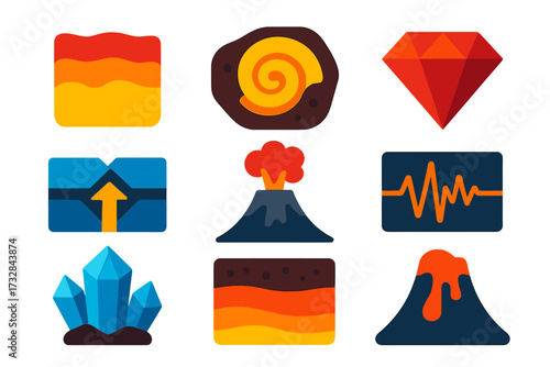 Geology Icon Set. Flat vector icons of geology: [rock strata, fossil, gemstone], [volcano, tectonic plates, earthquake waves],