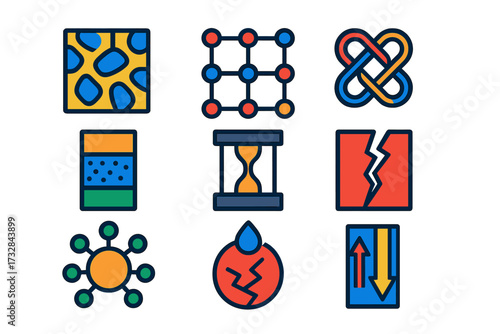 Materials Science Icons. Flat vector icons of materials science: [alloy microstructure, crystal lattice, polymer chain],