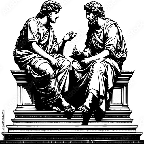 Ancient Discussion: Two figures, clad in classical attire, are engaged in a profound discussion or debate, their poses and gestures conveying depth and intellectual exchange.