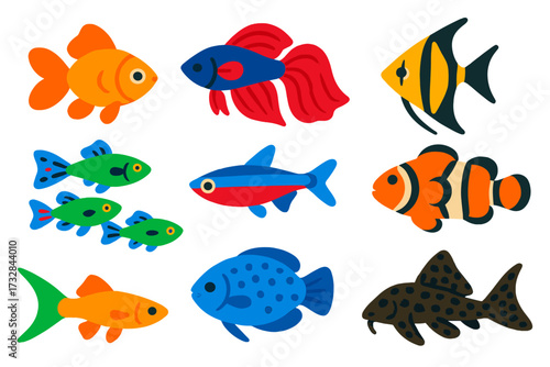 Colorful Fish Icons. Flat vector icons of aquarium fish: goldfish, betta fish, angelfish, guppy trio, neon tetra, clownfish,