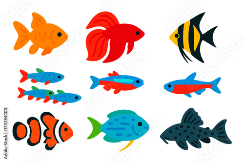 Colorful Fish Icons. Flat vector icons of aquarium fish: goldfish, betta fish, angelfish, guppy trio, neon tetra, clownfish,